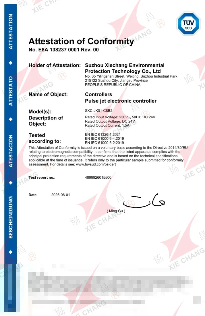 Attestation de conformité TUV SUD — Contrôleur à impulsions SXC-JK01-C8B2 (directive EMC)