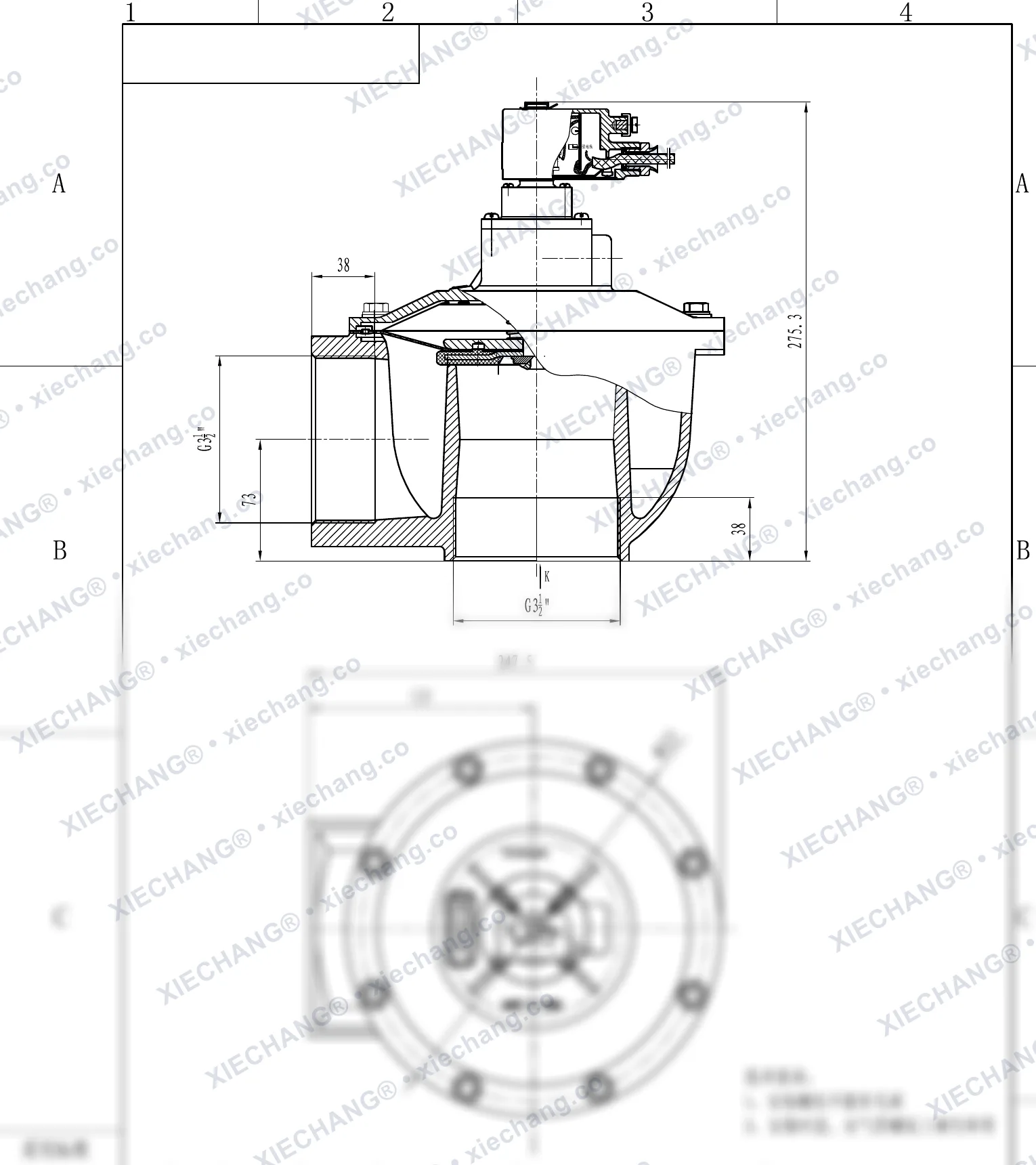 DCF-F-Z-102S.B · 4" (DN102) · électrovanne à impulsions à angle droit antidéflagrante — Plan d'installation