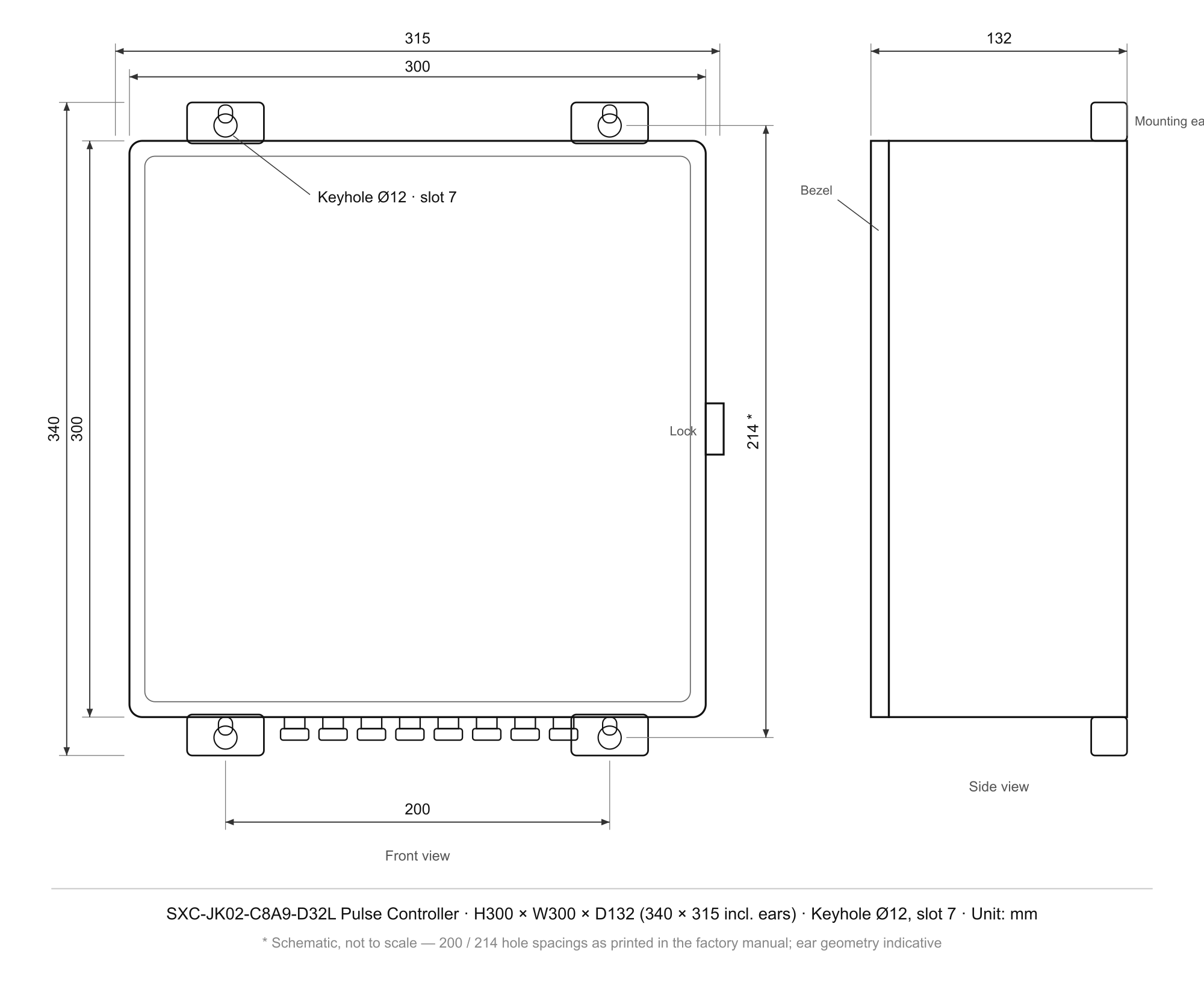 SXC-JK02-C8A9-D32L · 32 ch · contrôleur à impulsions en armoire murale — Plan du boîtier et de montage